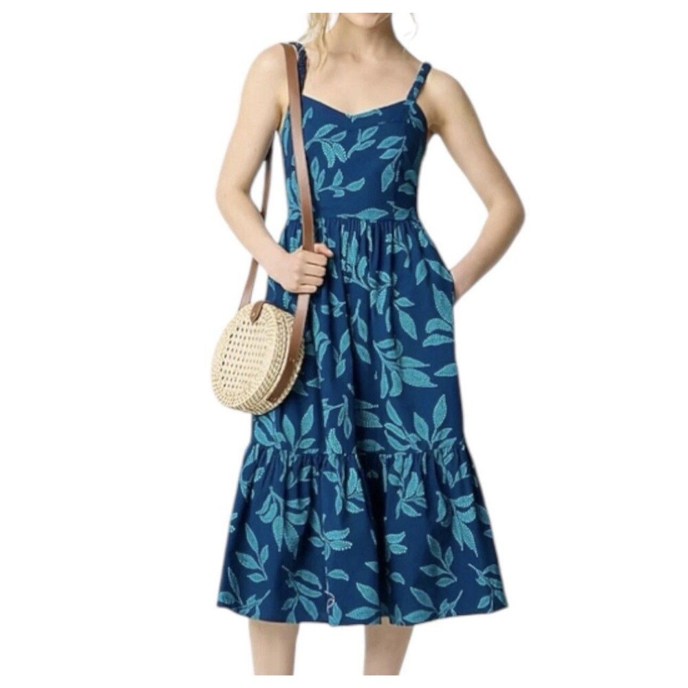 J. Crew Navy Blue Leaf-Print Midi Sundress